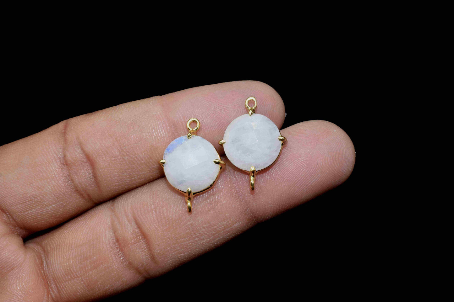 Rainbow Moonstone Round Connector,double bail connector,Rainbow Beads jewelry,Handmade Gemstone Bezel,Moonstone Prong Bezel Charms Gift for