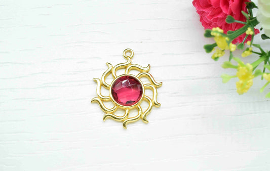 Pink Tourmaline Gemstone Component, Single Bail Charm , Pink Tourmaline Connector Pendant , Gold Plated Connectors , Earring Component