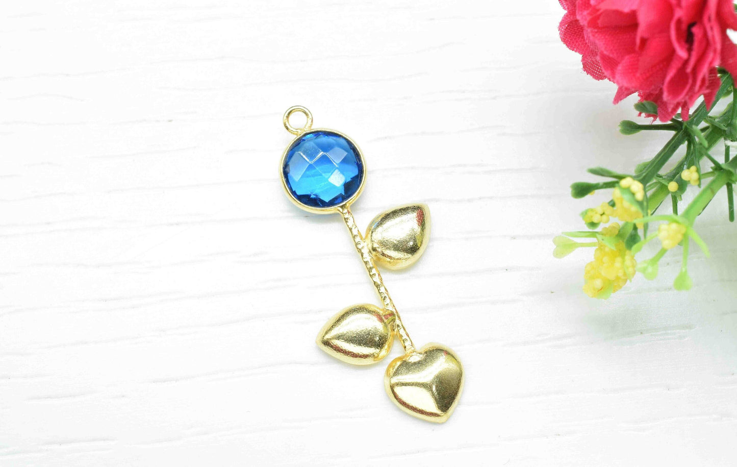 Blue Topaz Round Shape Pendant , Blue Topaz  Single Bail Charms,Genuine Gemstone Charms , Gold Plated Gemstone Connectors ,Summer Collection