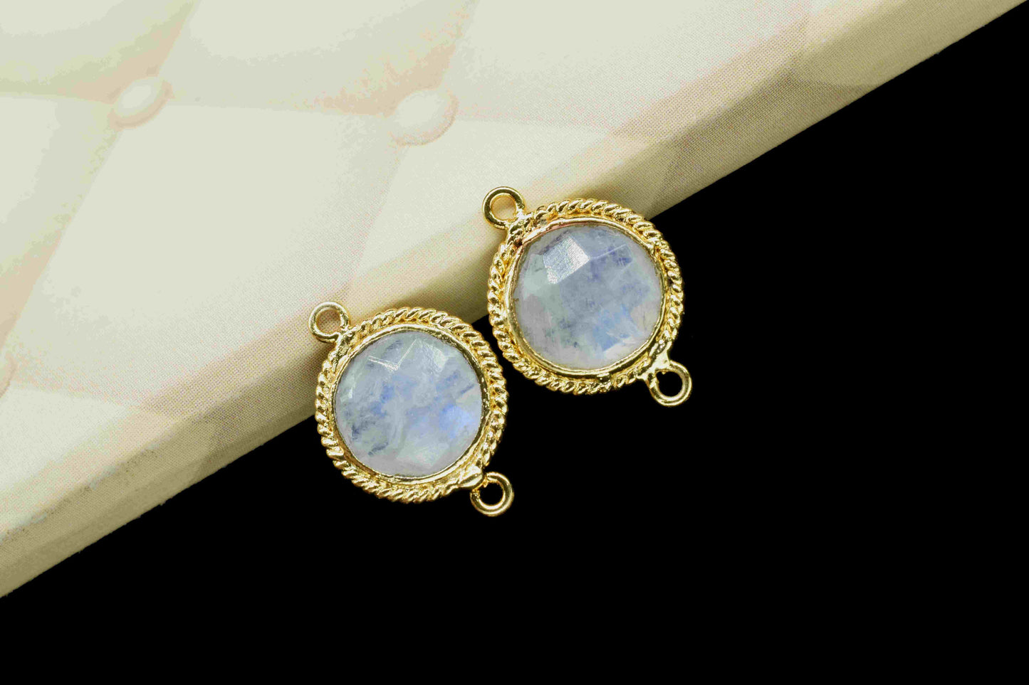 Rainbow Moonstone 10mm Round Shape Double Bail Connector,Moonstone Charms Pendant,Moonstone Gold Plated Bezel,Jewelry Making Charms Crafts