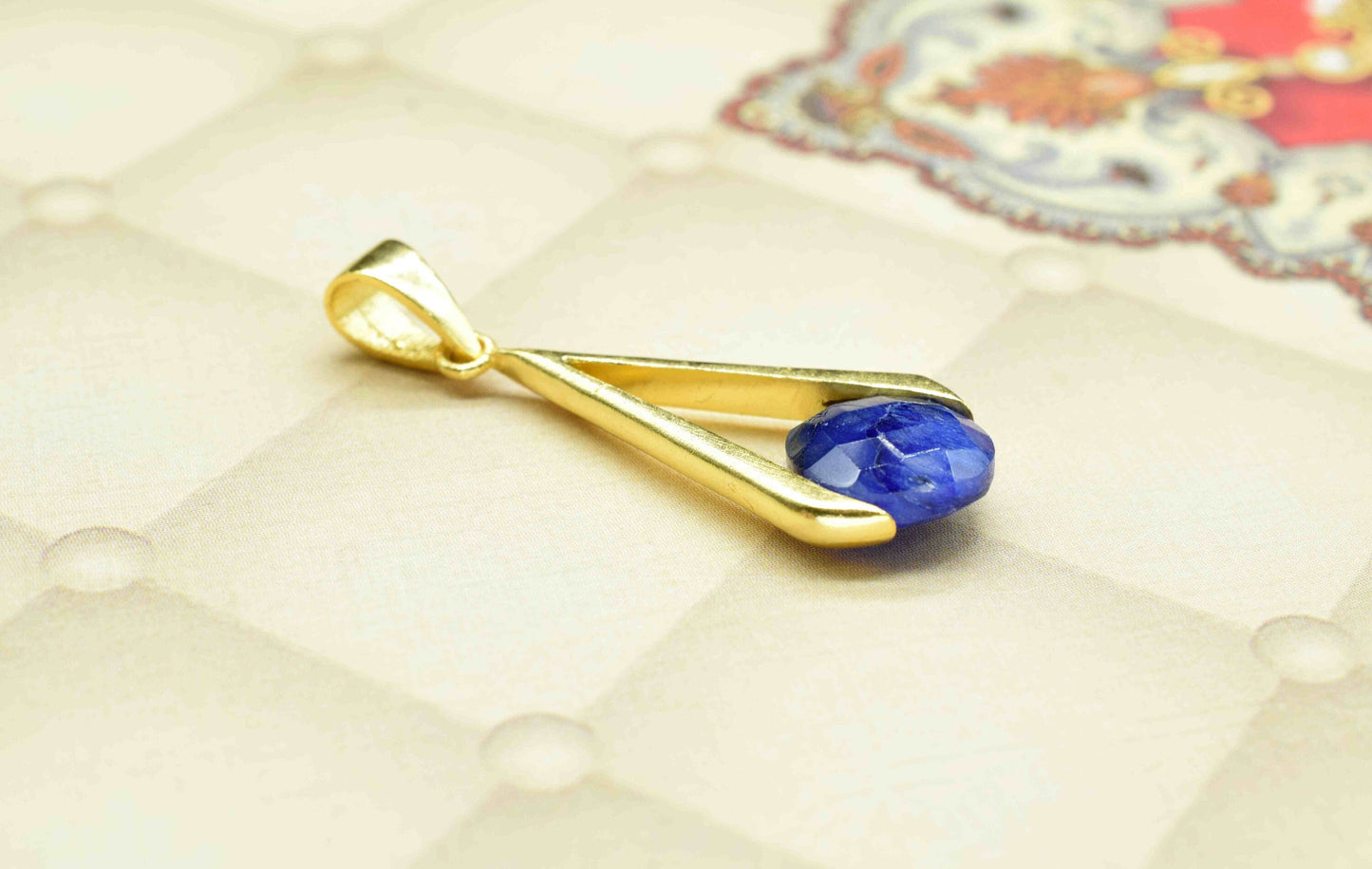 Sapphire  , Single Bail Charm , Sapphire   Connector Pendant , Gold Plated Connectors , Single Bail Checker Cut Gemstone Connector