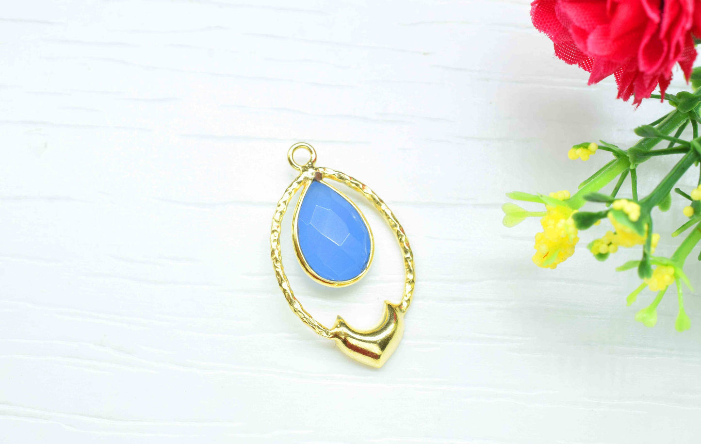 Blue Chalcedony Pear Shape Pendant , Blue Chalcedony Quartz Handmade Pendant , Multi Gemstone Charms , Gold Plated Gemstone Connectors
