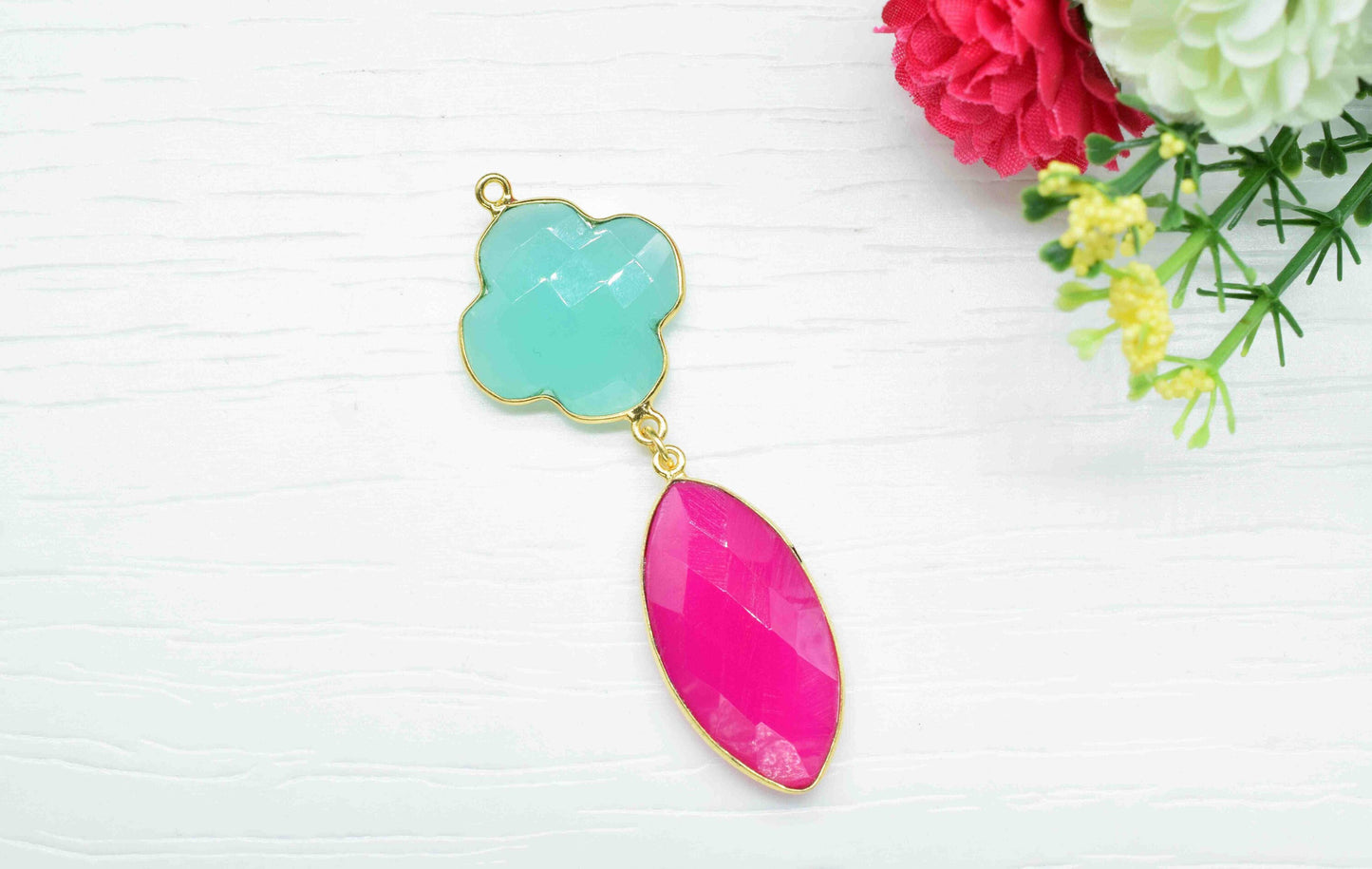 Aqua Quartz  Component pendants,Multi Stone Dangle Earrings,Clover  Shape Pendant Jewelry,Dangle pendant Charms,pink Gemstone Connector,gift