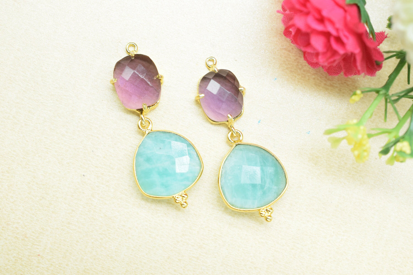 Amethyst Bezel Charm Connector/Station Bezel Link Pendant/Prong Bezel Jewelry/Handmade Jewelry/Amazonite Pendant/Connector/B'day Gift