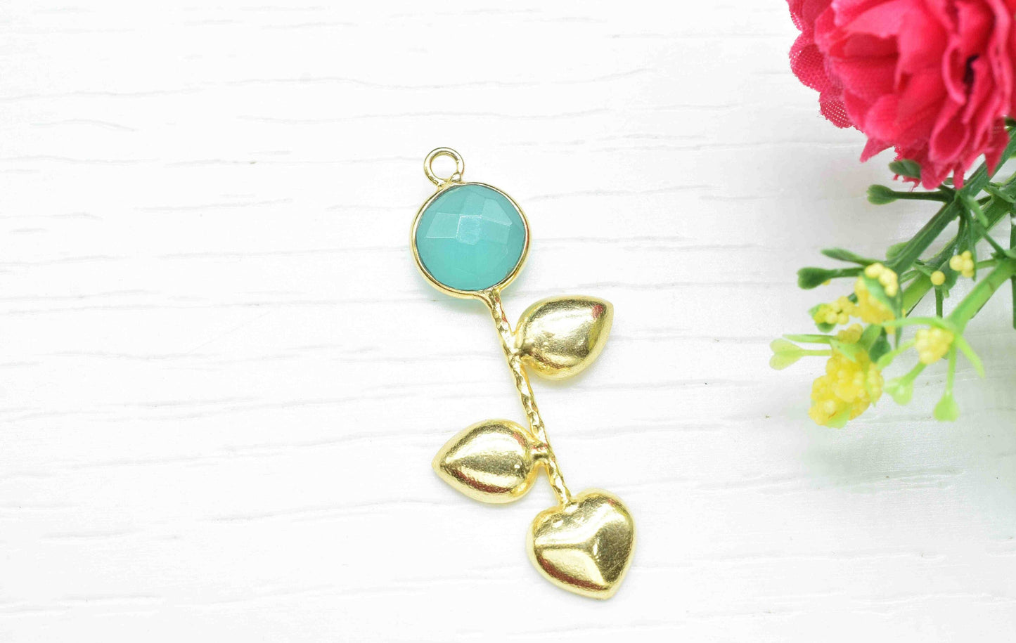 Aqua Chalcedony Round Shape Pendant , Aqua Chalcedony  Single Bail Charms , Genuine Gemstone Charms ,Gold Plated Gemstone Connectors ,Summer