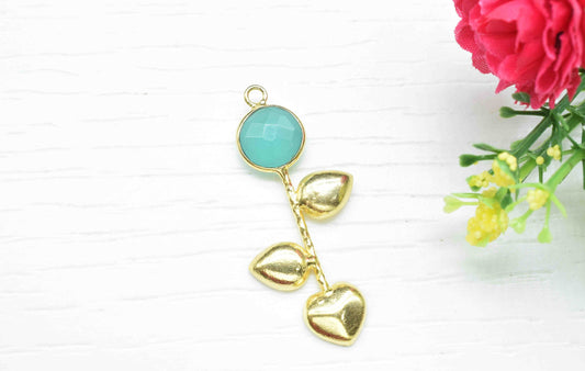 Aqua Chalcedony Round Shape Pendant , Aqua Chalcedony  Single Bail Charms , Genuine Gemstone Charms ,Gold Plated Gemstone Connectors ,Summer