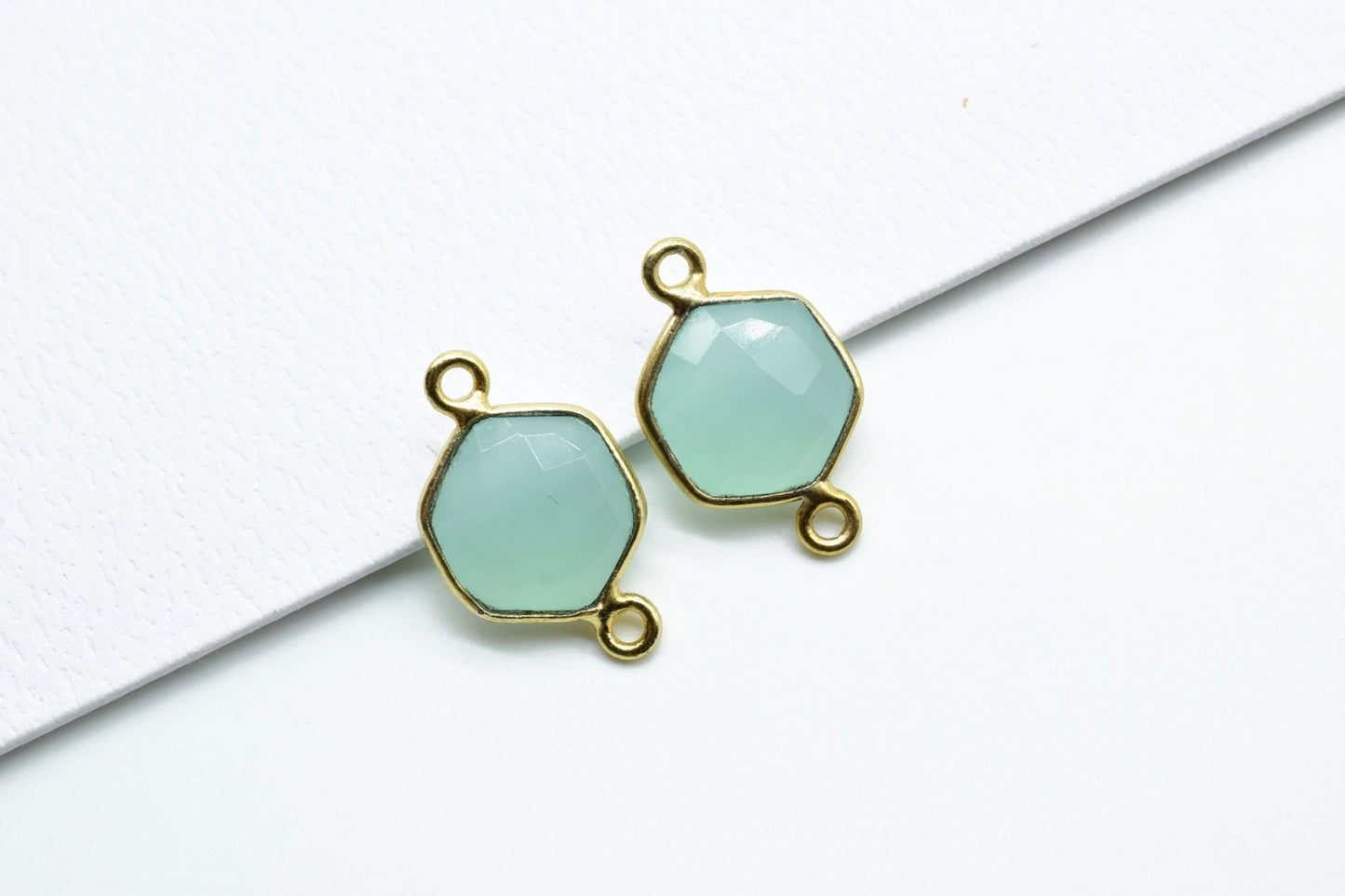 Aqua Chalcedony 10mm Hexagon shape double bail connectors,Hexagon Pendant,Aqua charms,Aqua Chalcedony double loop connectors,Hexagon bezels