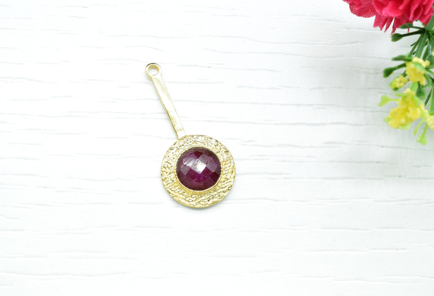 AA+ Ruby  Pendant ,Ruby Gemstone Handmade Pendant ,Single Bail Checker Cut Gemstone Connector, Gold Plated Connectors