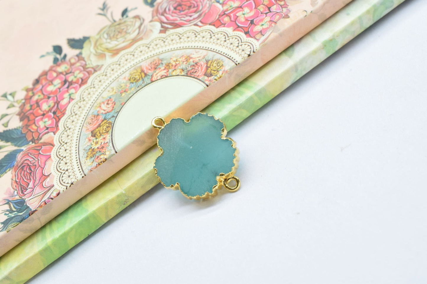 Aqua Chalcedony Clover charm Pendants,Handmade Flower Pendant,Necklace Connectors Jewelry,Gemstone Electroplated Charm,Double Bail Connector