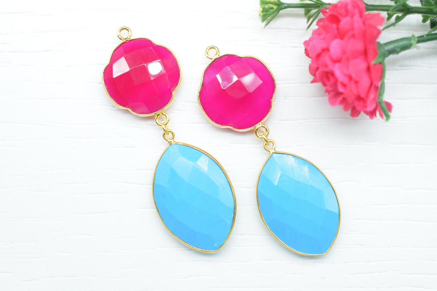 Pink Chalcedony Bezel Charms Connector/Turquoise Connector Jewelry/Earring Connector/Station Bezel Link Pendant/Handmade Jewelry/B'day Gift