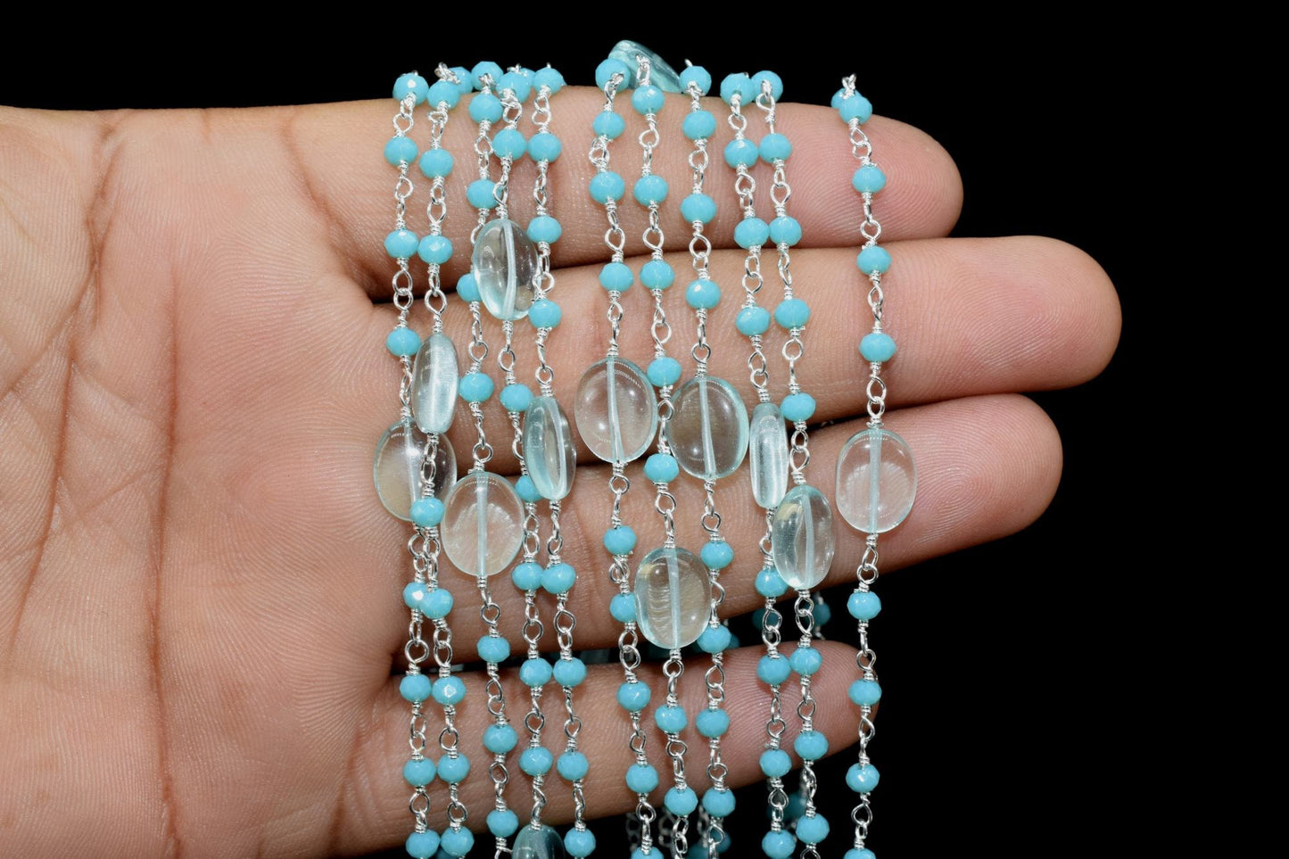 Natural Sky Topaz Smooth Oval Rosary Style Beaded Chain,Gold Plated Wire Wrapped Chain,Gemstone Linked Handmade Chain,Jewelry Making,