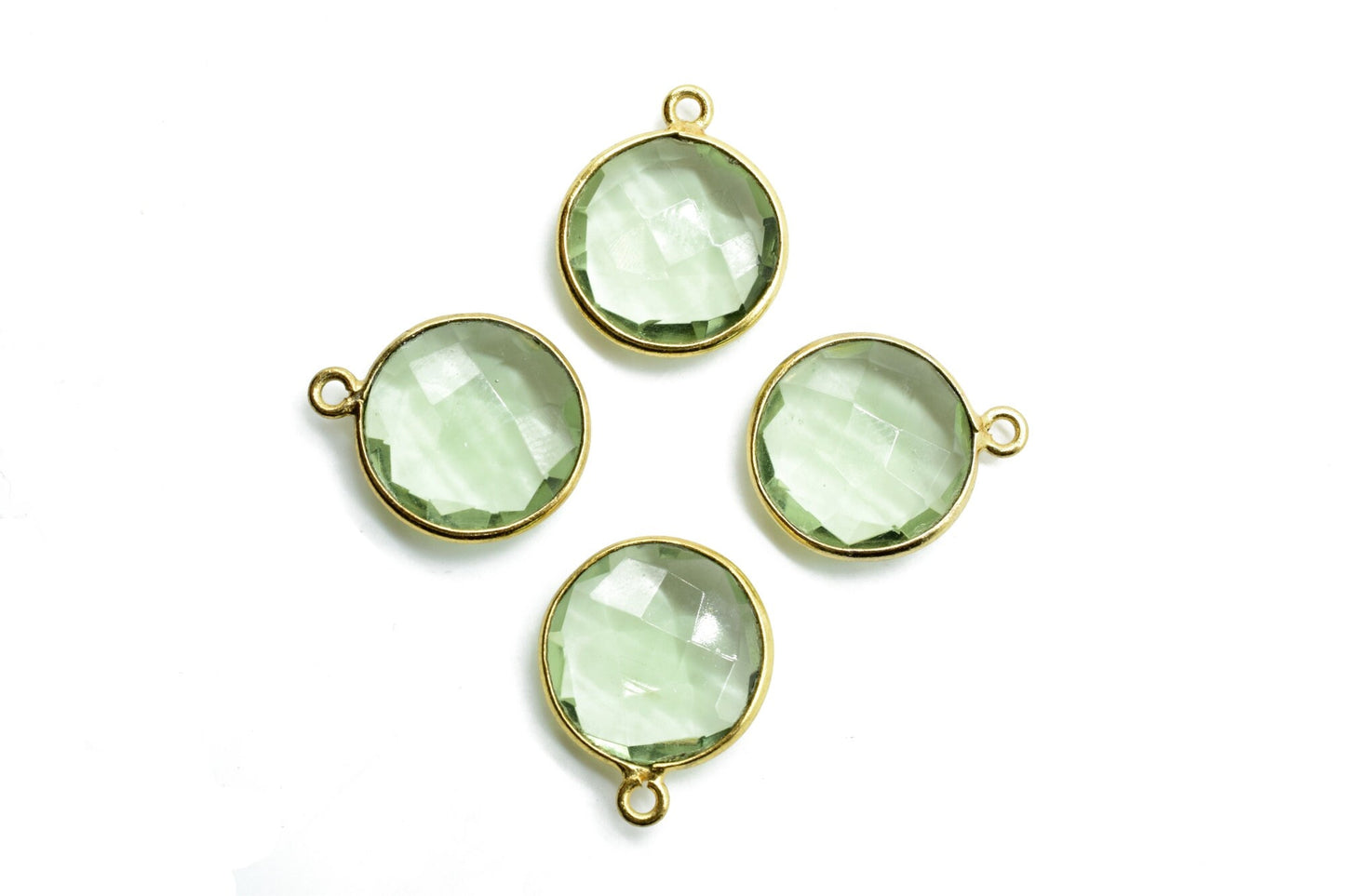 Green Amethyst 14mm Round charm,Brass Gold Plated bezel,Green Amethyst single Bail Pendant,February Birthstone Coin Links,Jewelry Findings
