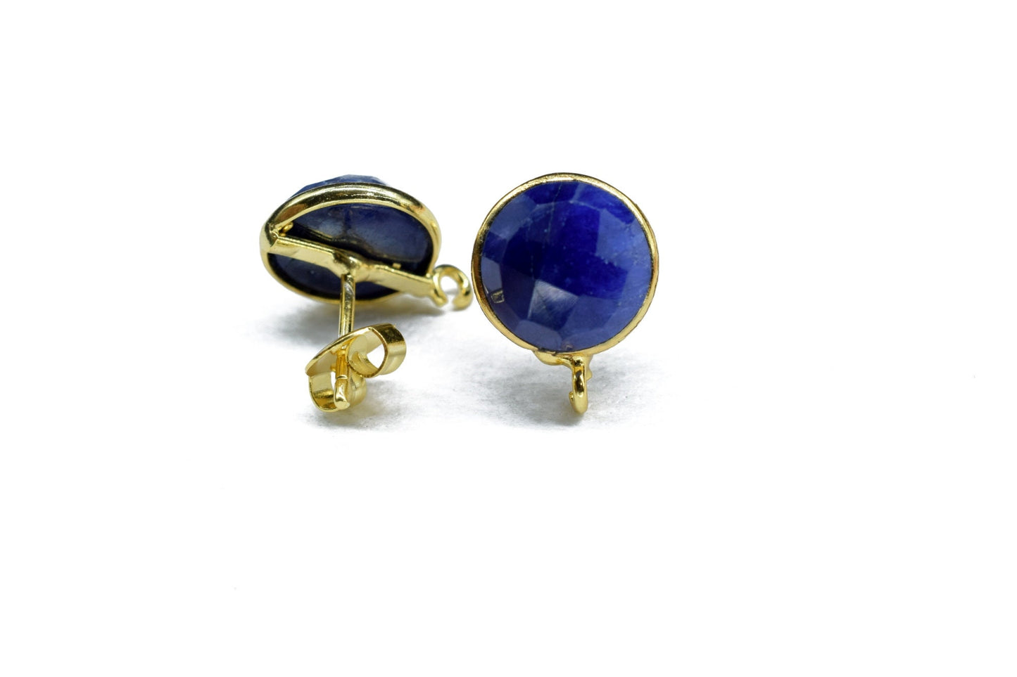 Blue Sapphire 10mm round Earring Connector,DIY Jewelry Making,Blue Sapphire post studs,Gold Plated Earring Connector,Gemstone Link Connector