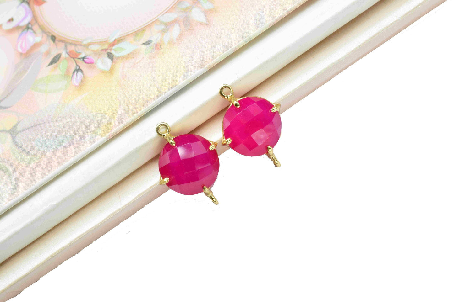 Pink chalcedony Round Connector,Charm for bracelet necklace Jewelry Making,Handmade Gemstone Bezel,Bead Prong Jewelry,double bail connector