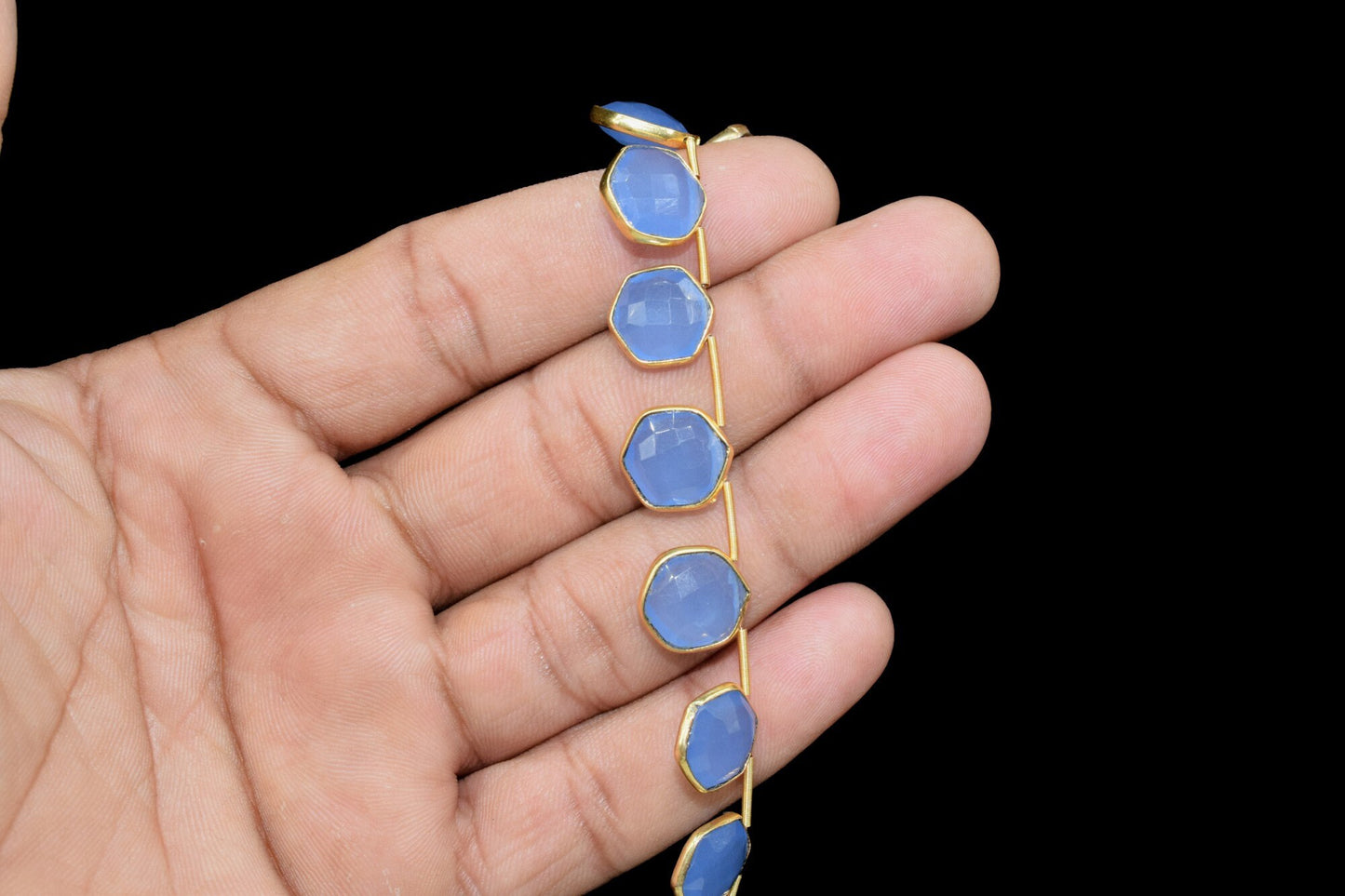 Blue Chalcedony 10mm Faceted Hexagon Shape Single Bail Connector strand,Blue Chalcedony Brass connector,Chalcedony Hexagon Pendant