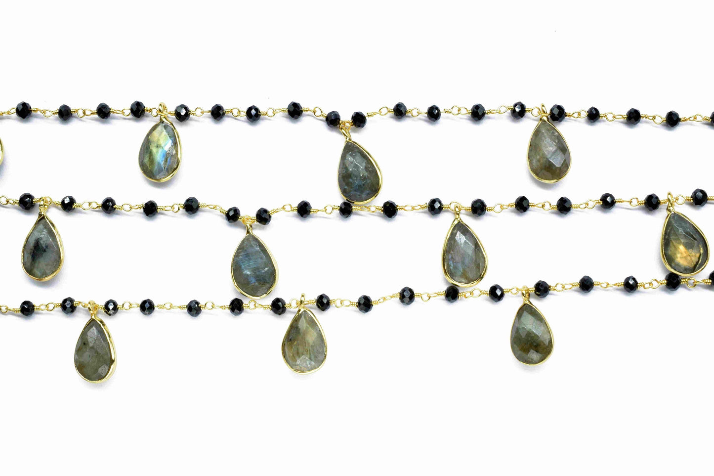 Labradorite 8x12mm Teardrop Shape Bezels Link Chain,Black Onyx 3mm Beads Chain,Labradorite Bezels chain,labradorite And Black Onyx Jewellery
