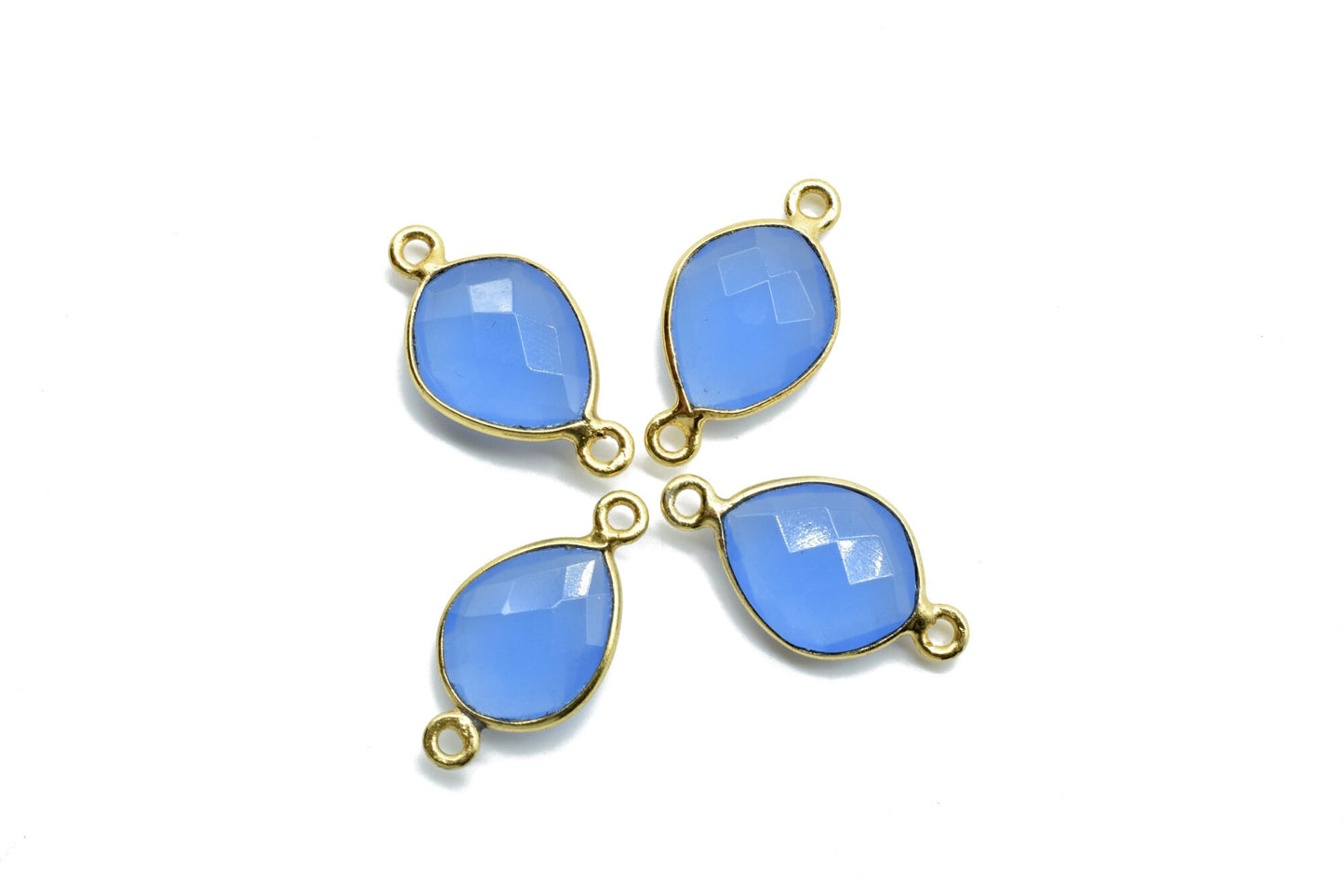 Blue Chalcedony 10x13mm Eye shape double loop charms,Blue Chalcedony pendants, Gold Plated,double Bail Connectors,Jewelry Bezel Set Charms