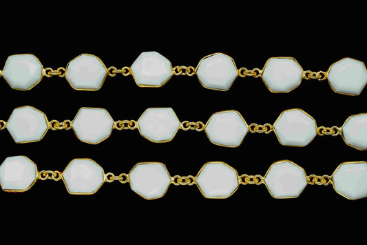 White Agate One Side Faceted 11x13mm Hexagon Shape Bezel Chain,White Agate Chain Jewelry,White Agate Gemstone Gold Plating Bezels Link Chain