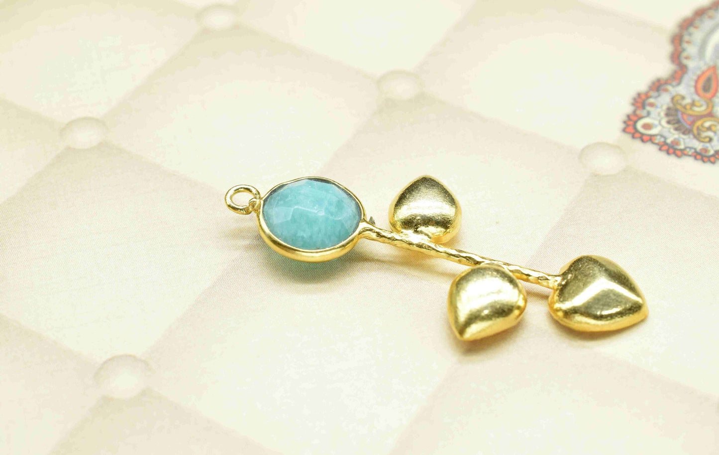 Amazonite Round Shape Pendant , Amazonite Single Bail Charms  ,Genuine Gemstone Charms , Gold Plated Gemstone Connectors , Summer Collection