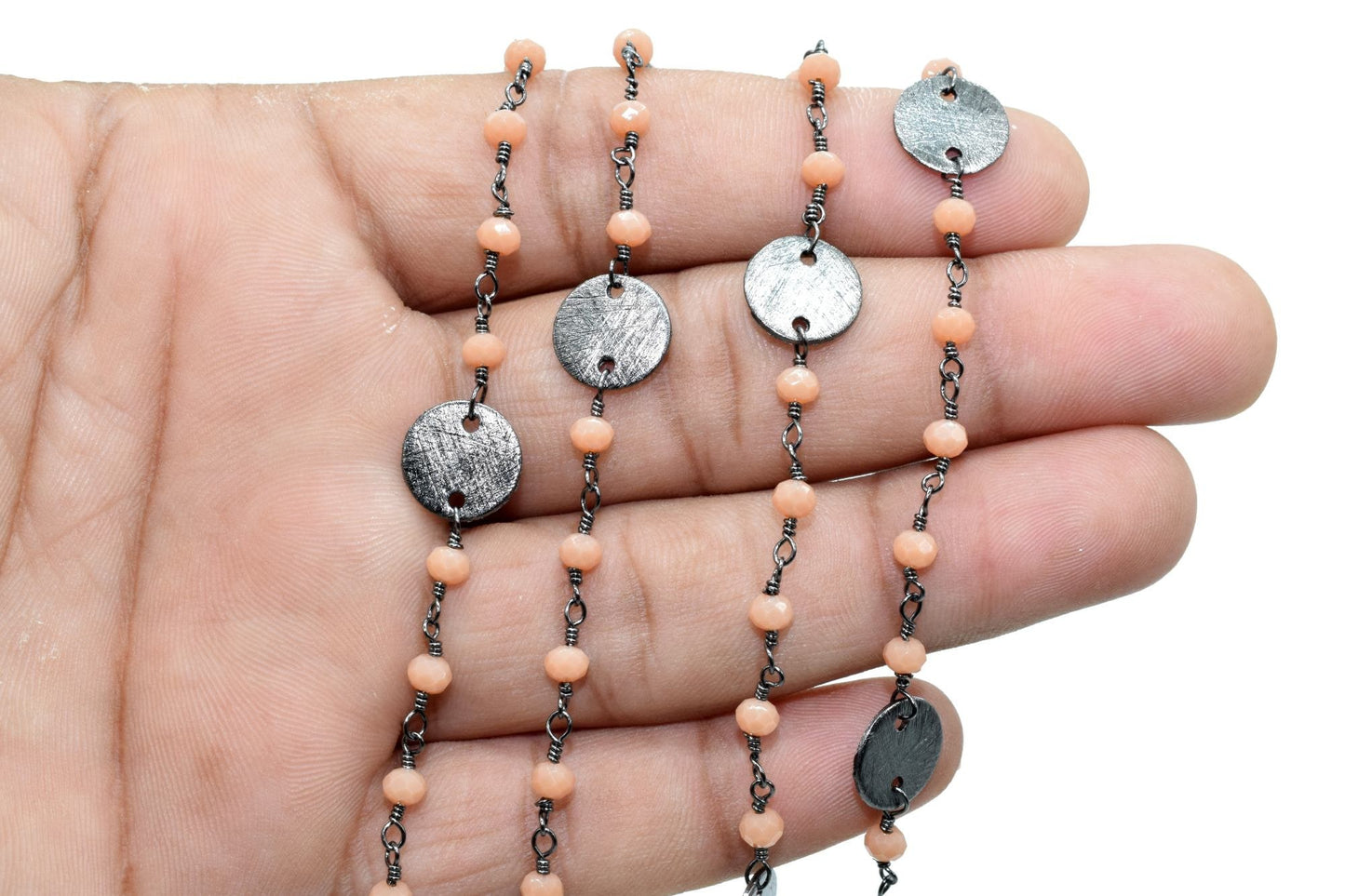 Peach Agate 3mm Beaded Chain,Peach Agate Rosary Chains,Peach Agate Gold Plating Wire Wrap Chain,Brass chain Jewelry,circle charms chain,