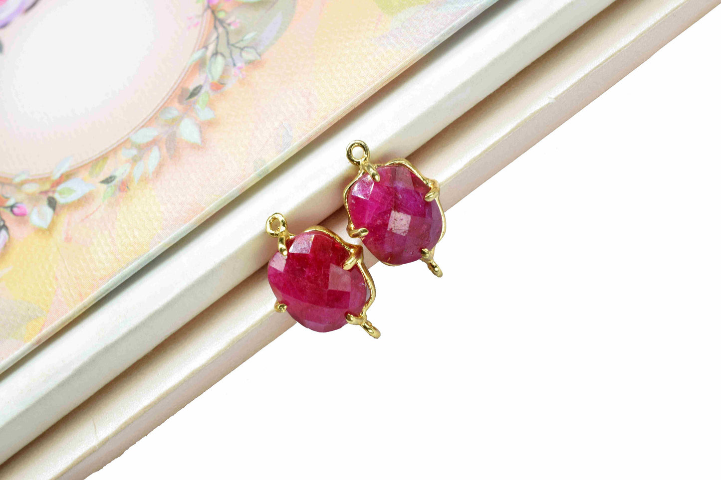 Natural Ruby Connector,Handmade Gemstone Bezel,Ruby Cushion Bezel Connector,Prong Set Jewelry,double bail connector,Prong Ruby jewelry