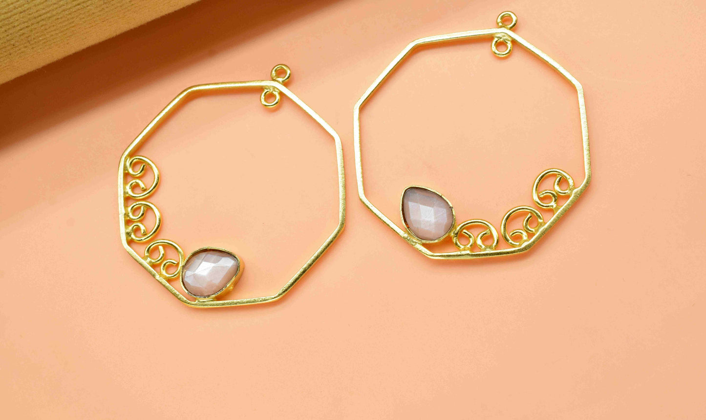 Peach Moonstone 6x8mm Teardrop Earring,Gemstone Component,Handmade Earring Connector,Finding 32mm Hexagon Shape Pendant,Component Jewellery