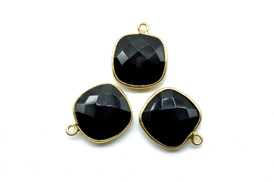 Black Onyx 14mm Cushion Bezel charm,Black Onyx Bezel Findings Cushion Charms,Black Onyx Cushion Shape Connector,Single Bail Loop Gold Plated
