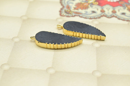 Black Onyx Leaf Pendant,Single Bail,Handmade Leaf Shape Connector,Black Onyx Connectors Jewelry,Gemstone Angel Wings Pendant Necklace,Gift