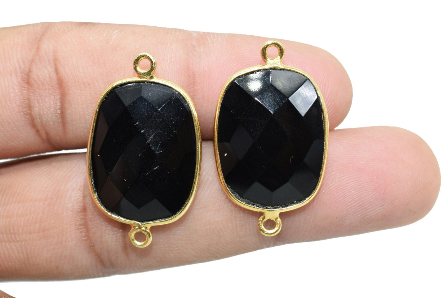 Black onyx 15x20mm cushion Double bail connectors,Black onyx Pendant,Black onyx Round Gold Plated bezel,jewelry making charm,onyx connector