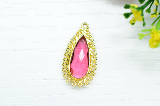 Pink Tourmaline 8x20 Teardrop Bezel Charms,Wholesale Jewelry,Single Bail Pendant,Gemstone Brass Component,Handmade Jewellery Connectors,Gift
