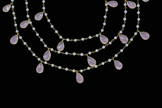 Rose Quartz 8x12mm Teardrop Shape Bezels Chain,Rose Quartz 3mm Round Shape Beads Rosary,Rose Quartz Faceted Beads Chain,Gemstone Jewelry
