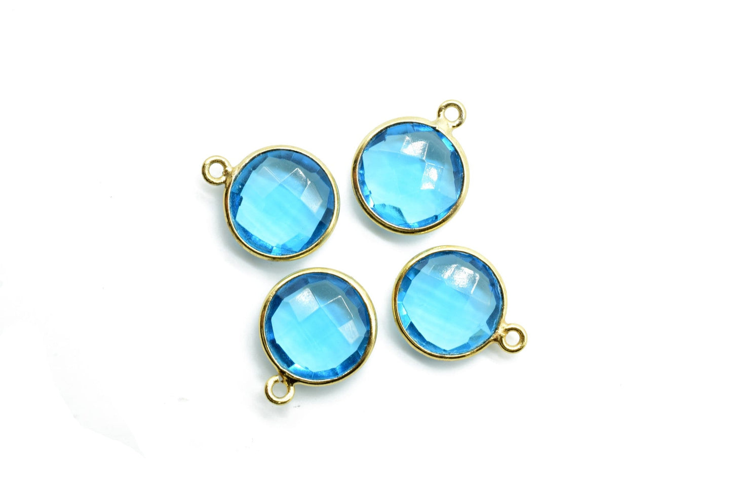 London Blue Topaz 12mm Round charm,Brass Gold Plated bezel,Blue Topaz Pendant,TeardropGold Bezel Trim Edge Faceted Gemstone,Blue Topaz charm