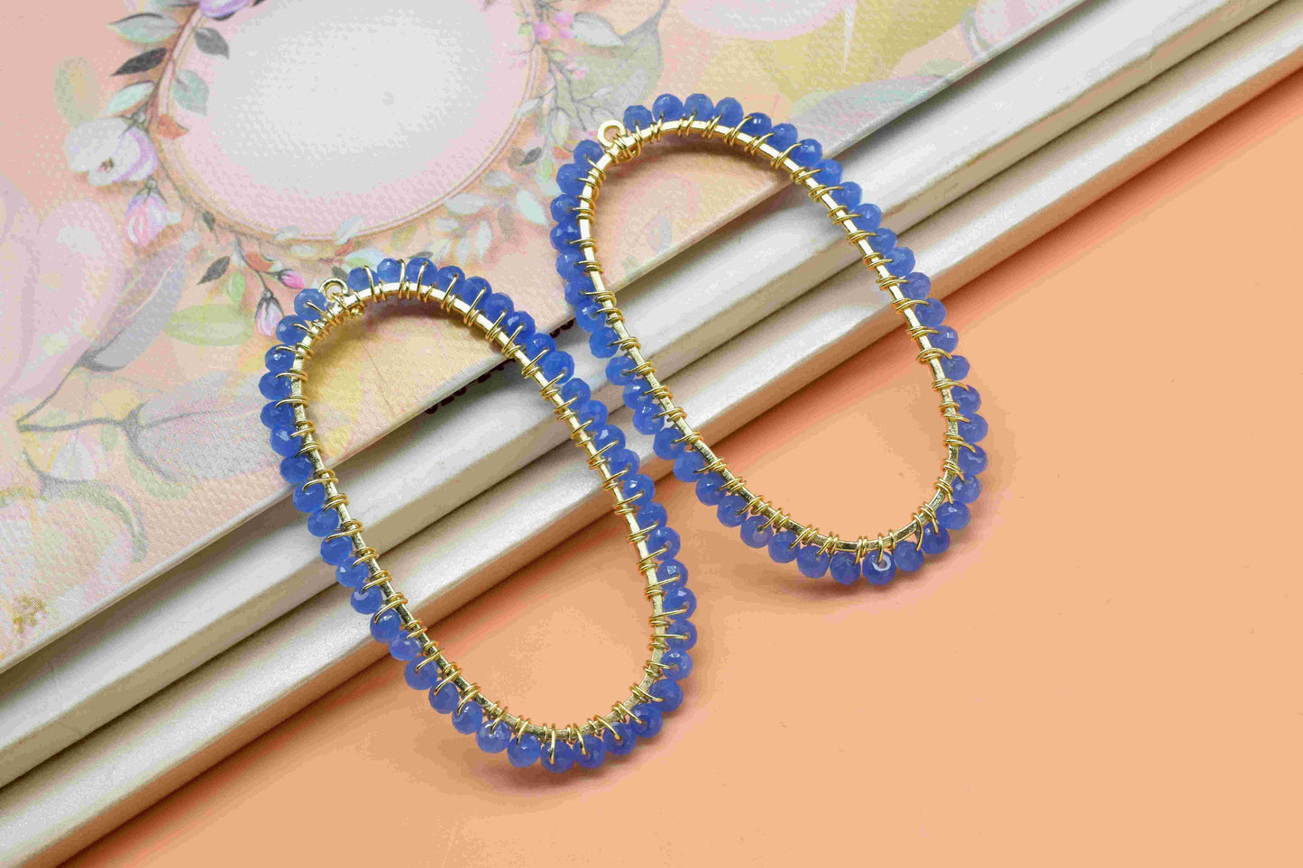 Blue Chalcedony Wire Wrapped Connector, Oval Pendant Component, Handmade Earring, Beaded Hoops Earring,Finding Component,Blue Quartz Jewelry