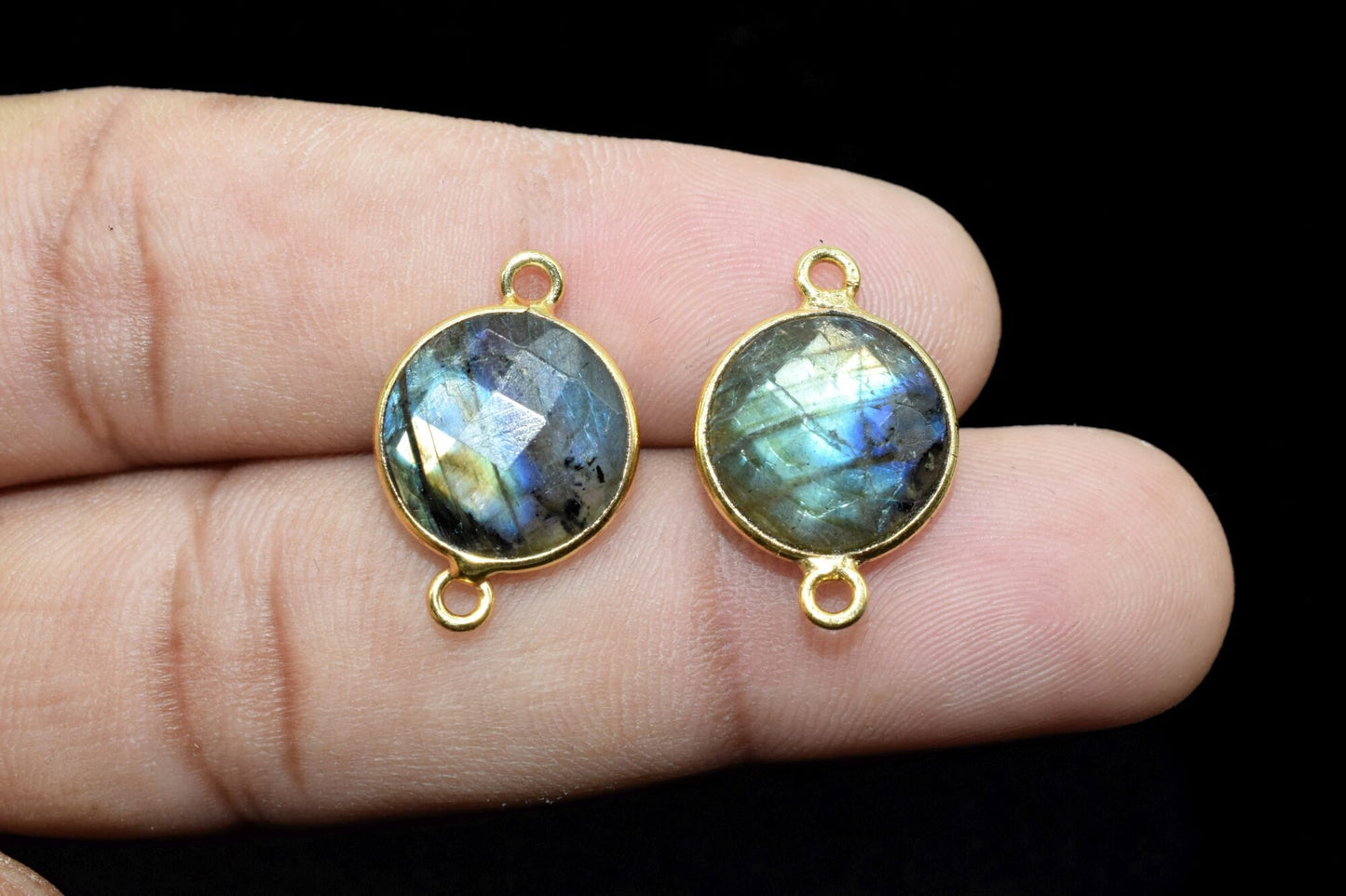 Labradorite 12mm Round double bail connectors,Round Pendant,Faceted Labradorite,Gemstone Charm,Gemstone Pendant,Labradorite Charms connector