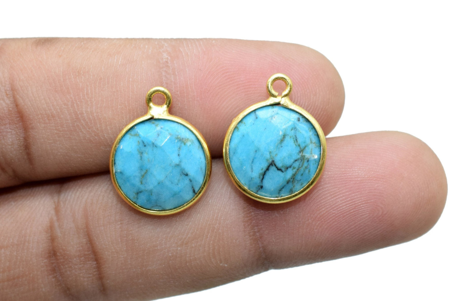 Natural Turquoise 12mm Round Single bail connectors,Turquoise Pendant,Faceted Turquoise bezel link,Gemstone Charm,Gemstone Pendant, charms