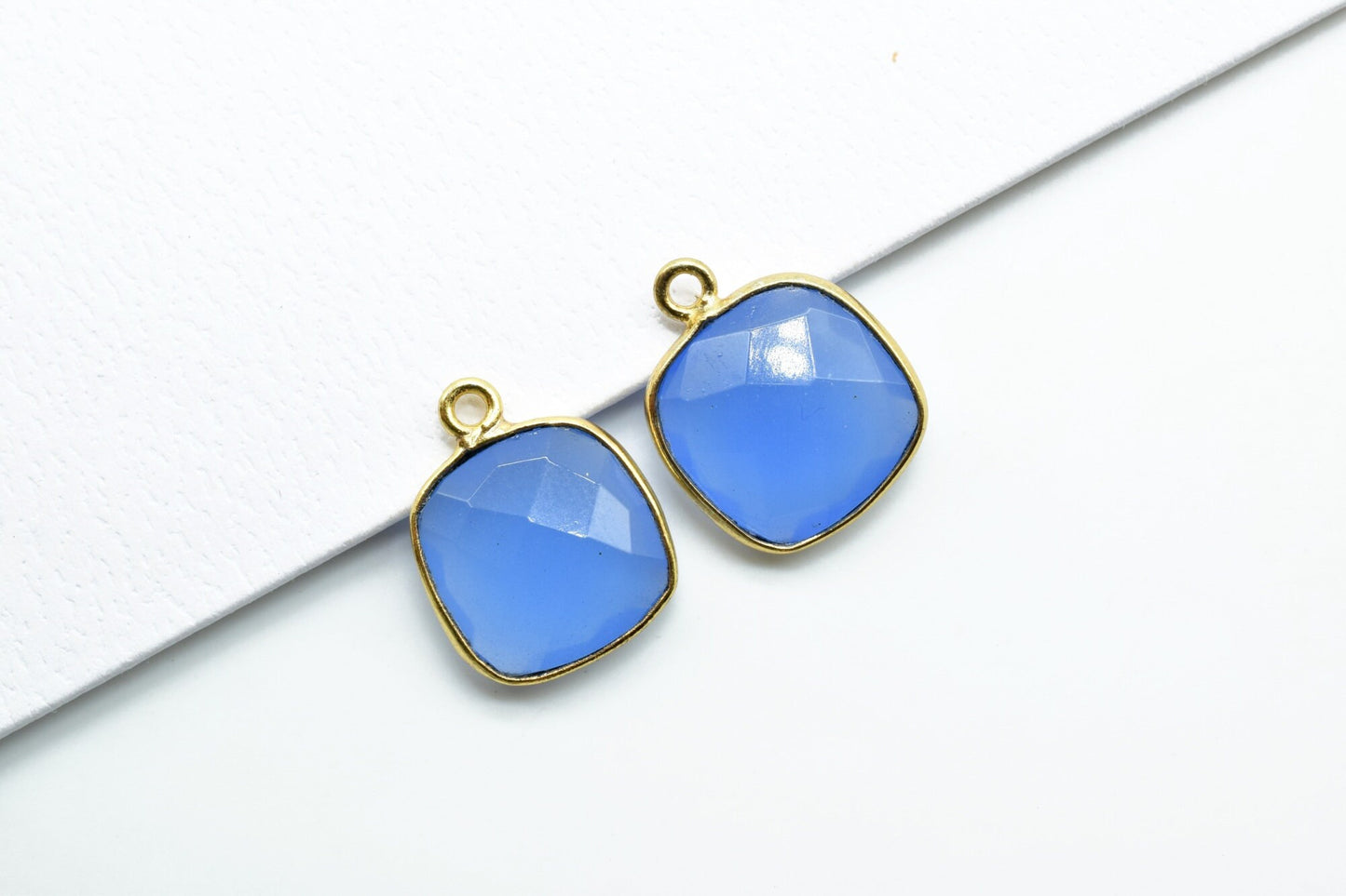 Blue Chalcedony 12mm Cushion Single bail connectors,Blue Chalcedony Gold Plated Gemstone Bezel Connector, chalcedony Single Loop connector
