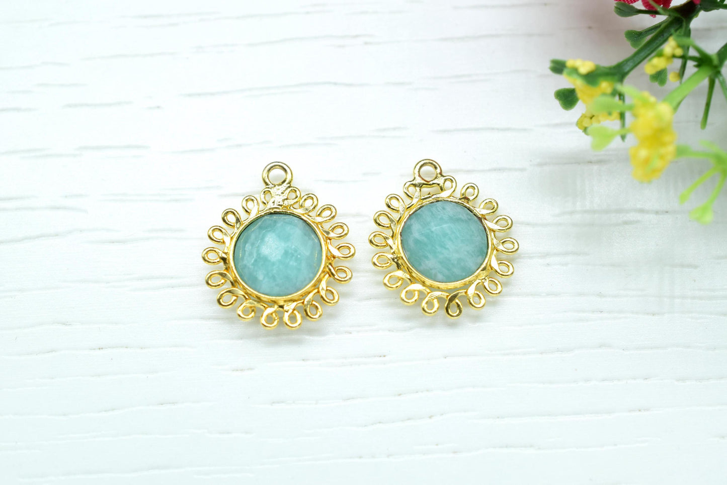 Amazonite 10mm Round Bezel Charm,Gemstone Brass Component,Single Bail Pendant,Round Faceted charms,Handmade Jewellery Connector,Bday Gift