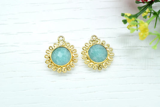 Amazonite 10mm Round Bezel Charm,Gemstone Brass Component,Single Bail Pendant,Round Faceted charms,Handmade Jewellery Connector,Bday Gift