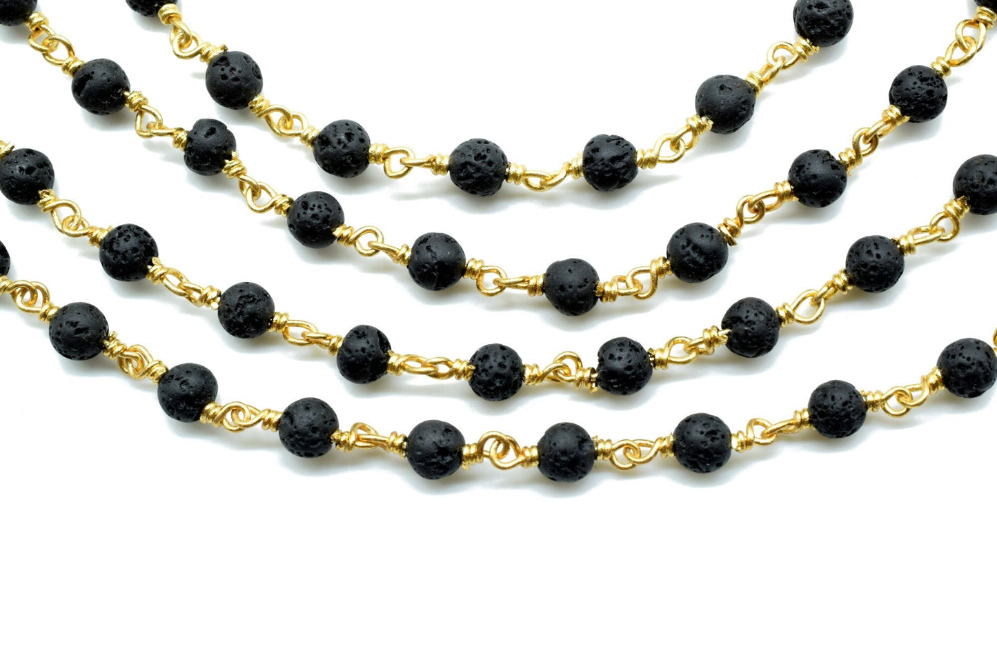 Black Lava Rock 4mm Round Beaded Wire Wrapped gold Polished Plated Chain - Beaded Chain,Black Lava Rosary Chain,Delicate Rosary Beaded Chain