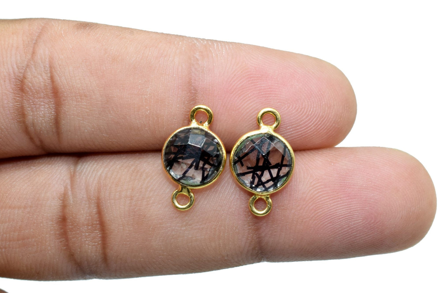 Black Rutile 8mm double bail connector,Black Rutile Pendant,Black Rutile Round Gold Plated bezel,jewelry making charm,Brass Rutile connector