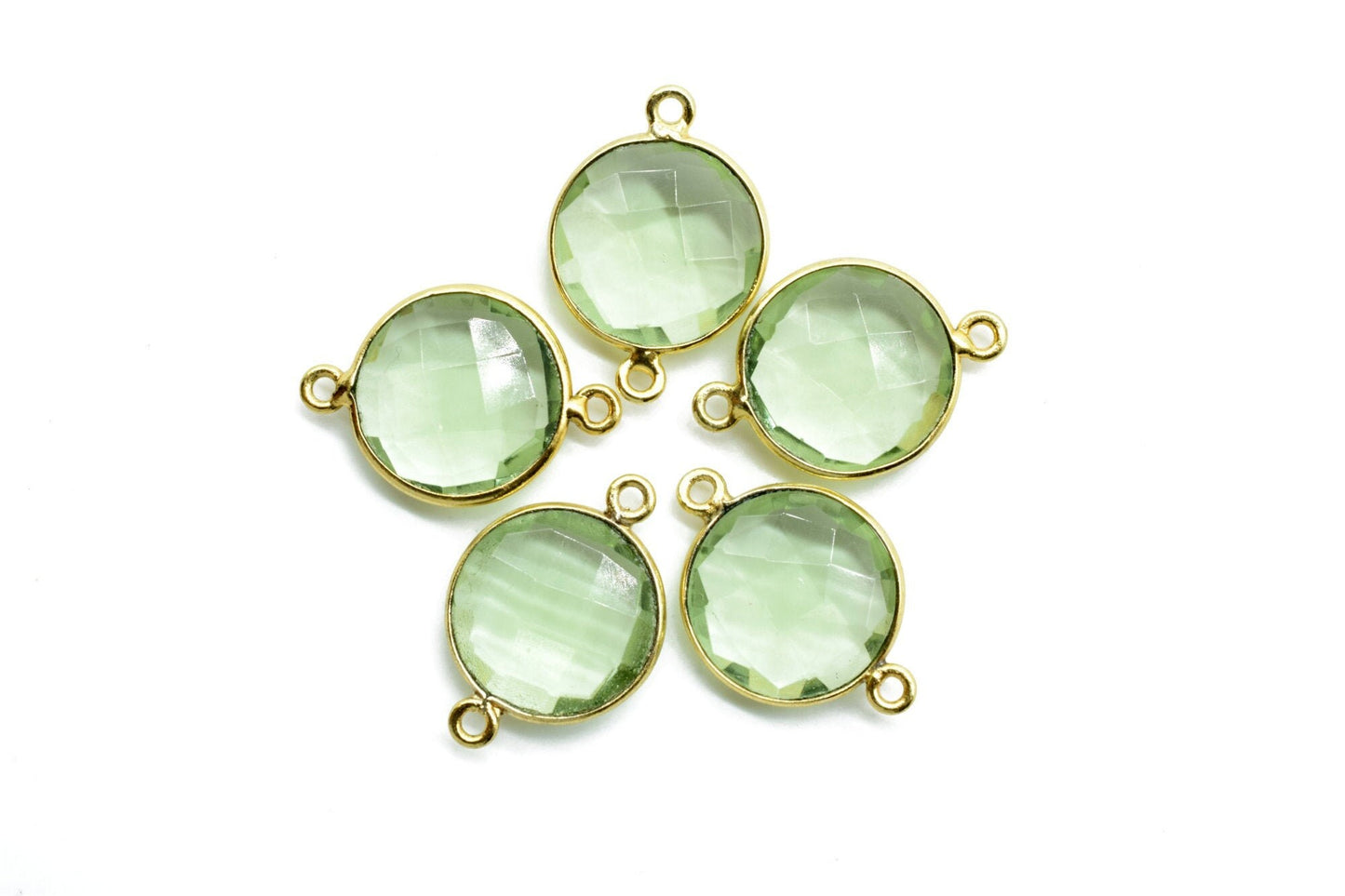 Green Amethyst 14mm Round Double bail connectors,Gold Plated bezel,Green Amethyst Pendant,February Birthstone Coin Links,Jewelry Findings