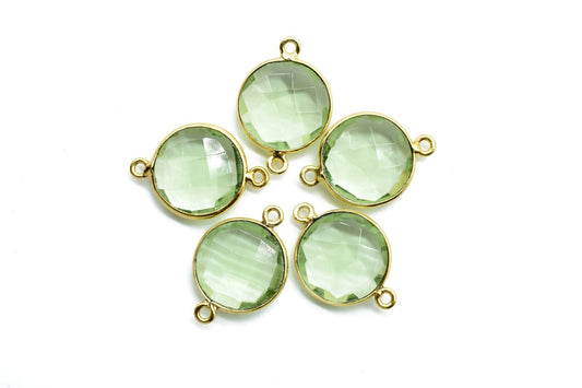 Green Amethyst 14mm Round Double bail connectors,Gold Plated bezel,Green Amethyst Pendant,February Birthstone Coin Links,Jewelry Findings