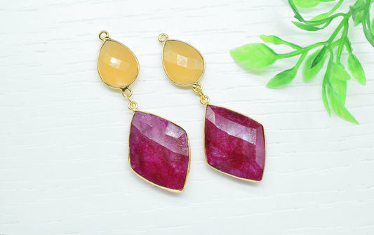 Natural Ruby Dangle pendant Charms,Yellow chalcedony Connector,Handmade jewelry,Component pendant,Station Link,Multi Gemstone Dangle Earring