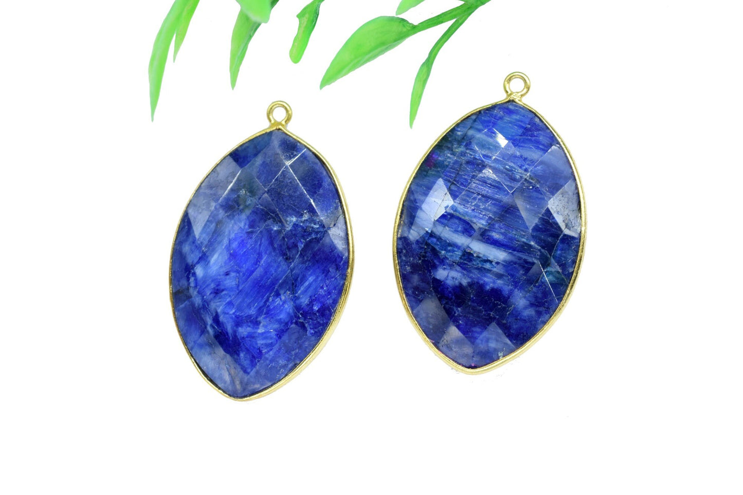 Blue Sapphire 20x30mm Marquise shape single bail connector,Sapphire Brass Gold Plated bezel,Sapphire Connectors,Sapphire gold Bezel Pendants