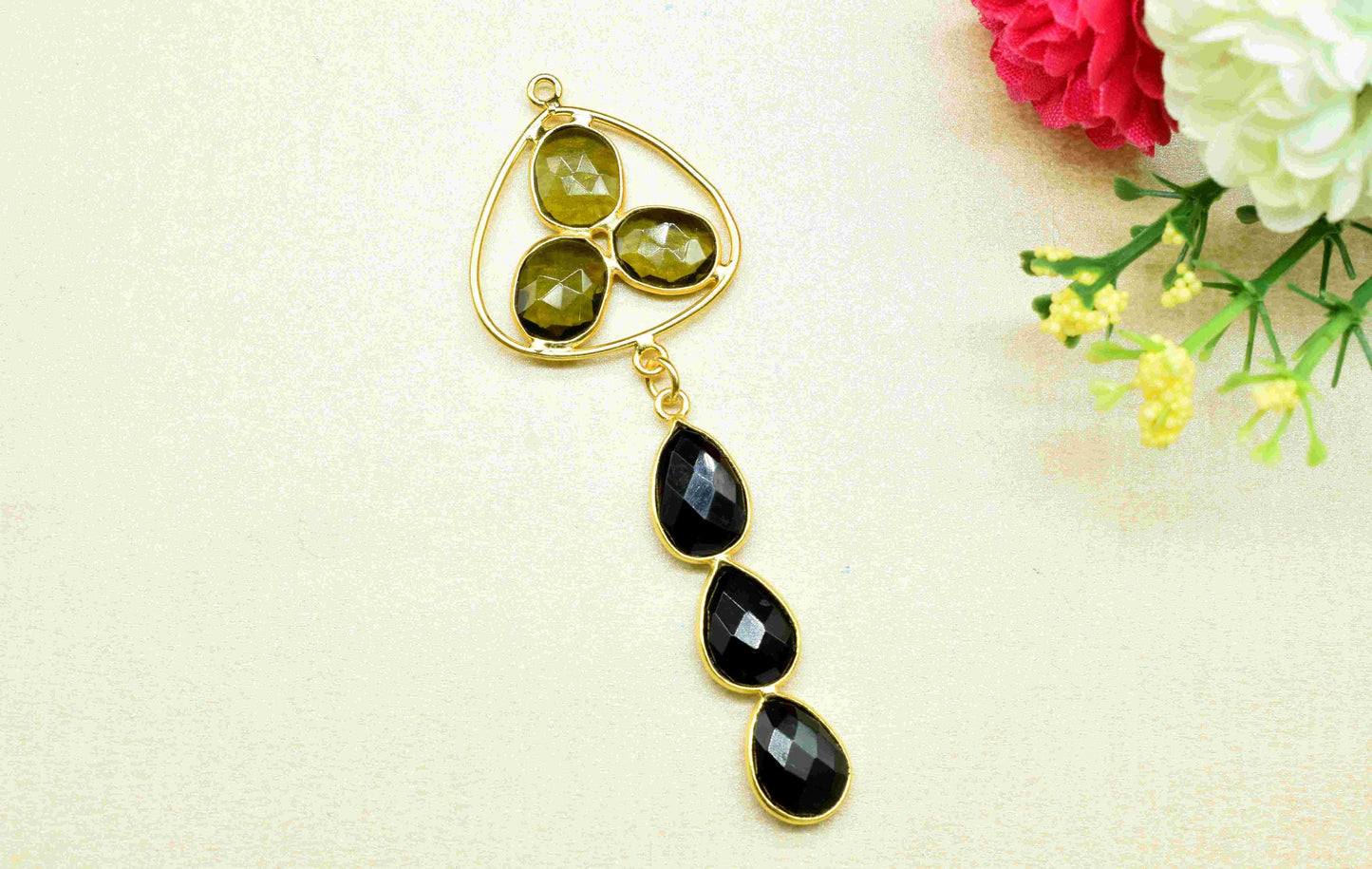 Green Tourmaline  + Black Onyx Component Pendants ,Multi Stone Dangle Earrings ,Earring Component Jewelry ,Dangle pendant Charms,B'day Gift