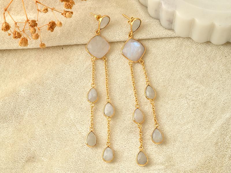 Natural Rainbow Moonstone Dangle Earring/Bridal Earring/Gold Plated Earring/Bridal Jewelry/Statement Earrings For Bridal/Long Earring