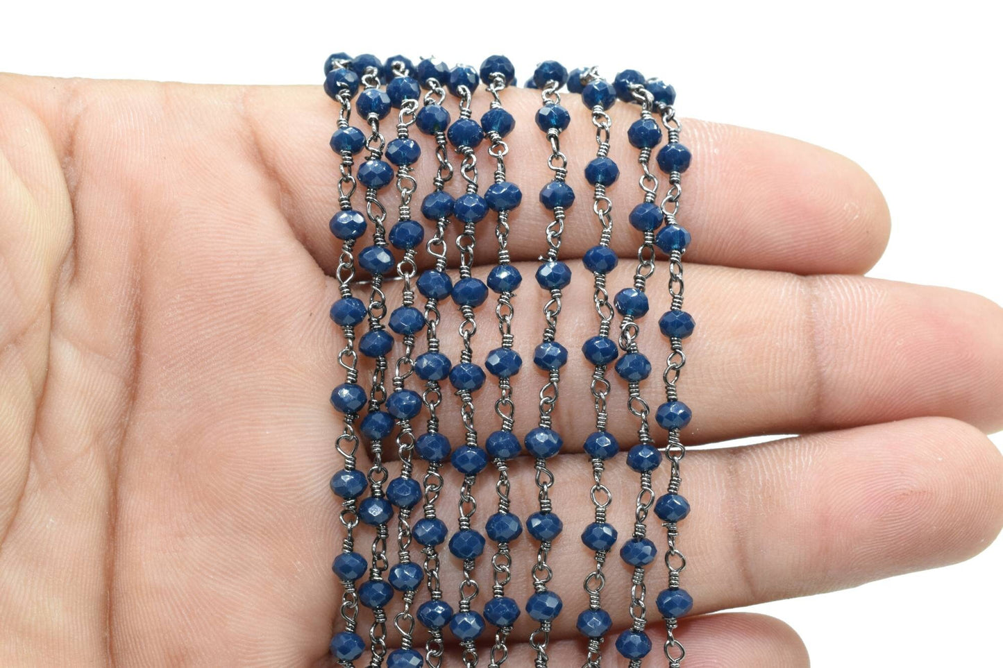 Blue Agate 3mm Beaded Chain,Blue Agate Rosary Chains,Blue Agate Black rhodium Wire Wrap Chain,Brass chain,Jewelry Making Chain,Rosary chain