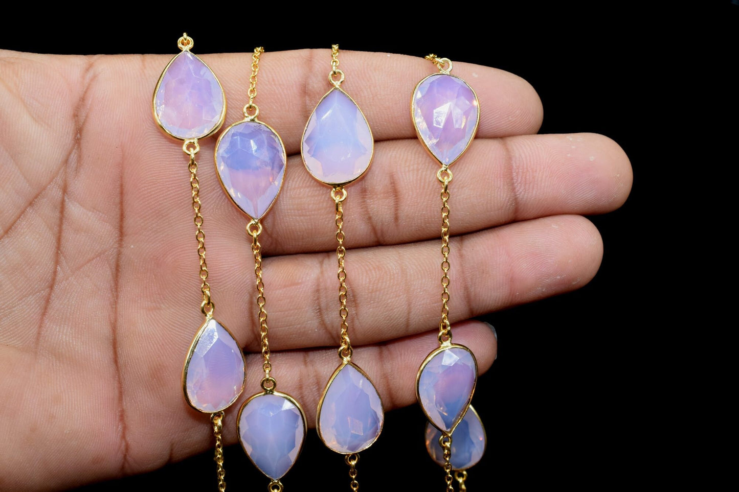 Pink Opalite Gold Plated Bezel Chain Gemstone Connector, Oval Necklace Chain,Bezel Connector Chain,Selling Per Foot,Jewelry making chains