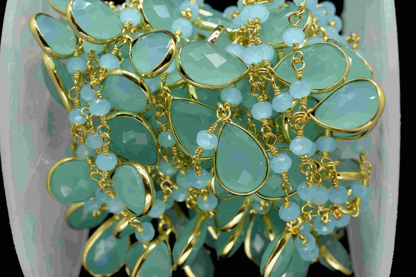 Aqua chalcedony 8x12mm Faceted Bezel Connector Link Chain,Aqua 3mm Faceted Beads chain,Gemstone Bezel Connector link Chain,Aqua Rosary chain