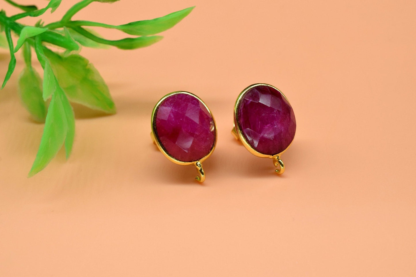 Ruby 10x12mm oval Earring Connector,Jewelry Craft Supplies,Ruby connectors post studs,Gold Plated Earring Connector,Genuine Ruby Connector